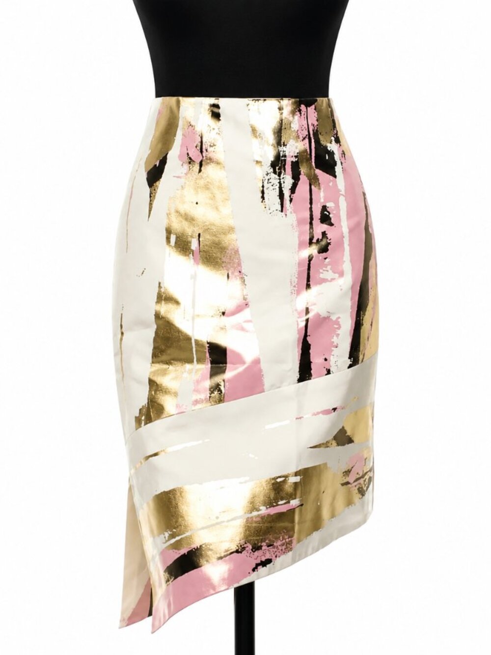 Reed Krakoff Coated Silk Faille Asymmetrical Skirt 12 Metallic Pink Creme